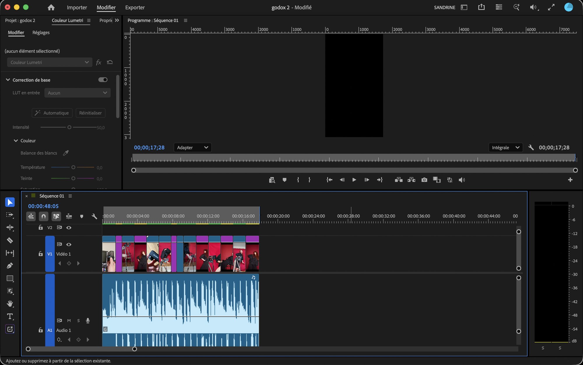 My Premiere Pro timeline, with Lumetri Color open