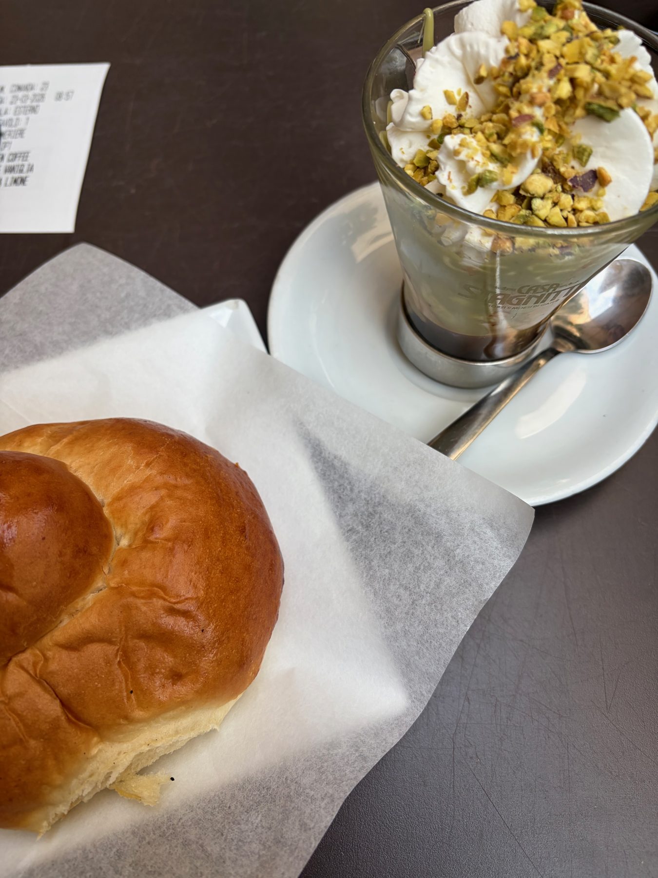 Brioche and pistachio coffee at Ideal Caffè Stagnitta