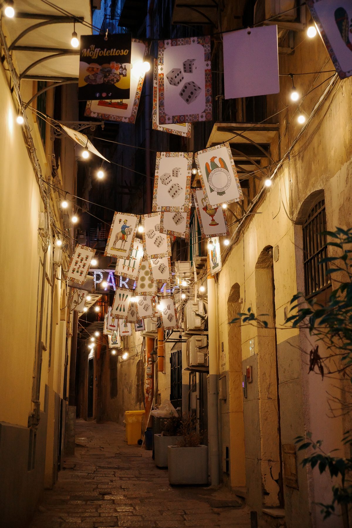 A lit street at night
