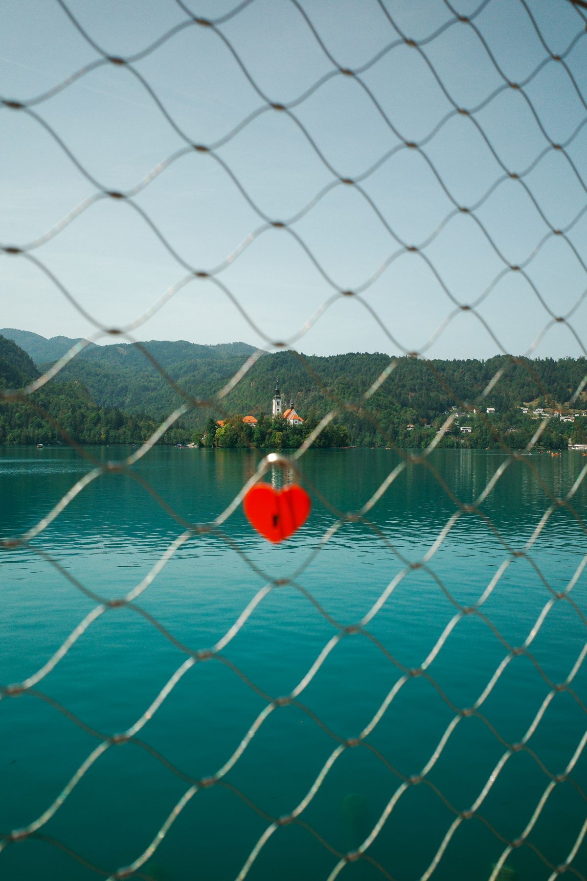 A heart lock on the fence facing Bled Island