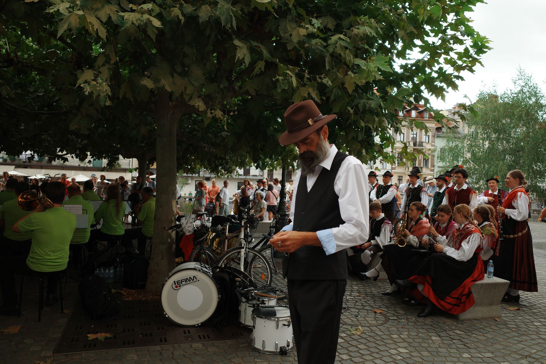 A brass band in traditional costume during the Ljubljana Festival