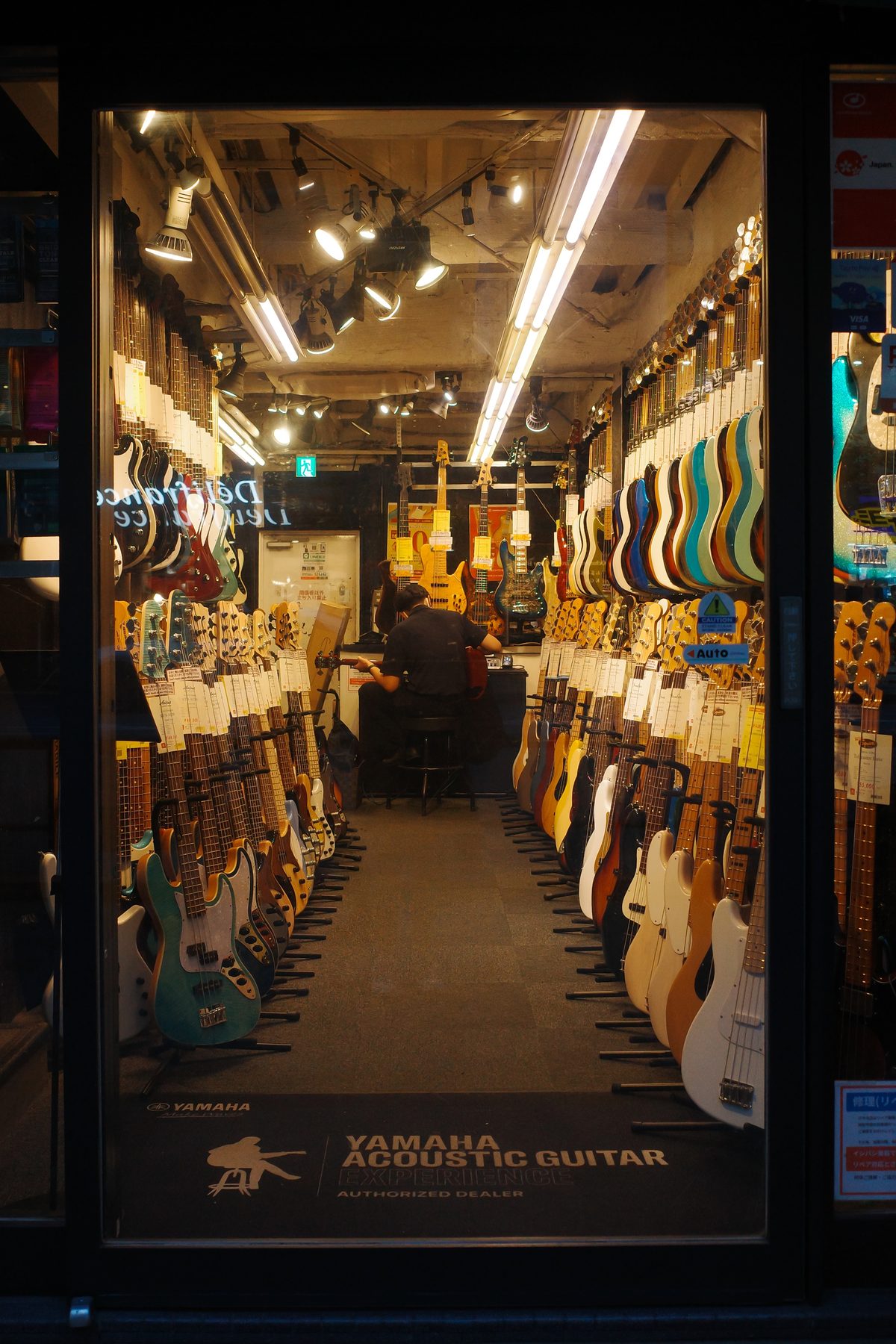 Guitars in a window at night