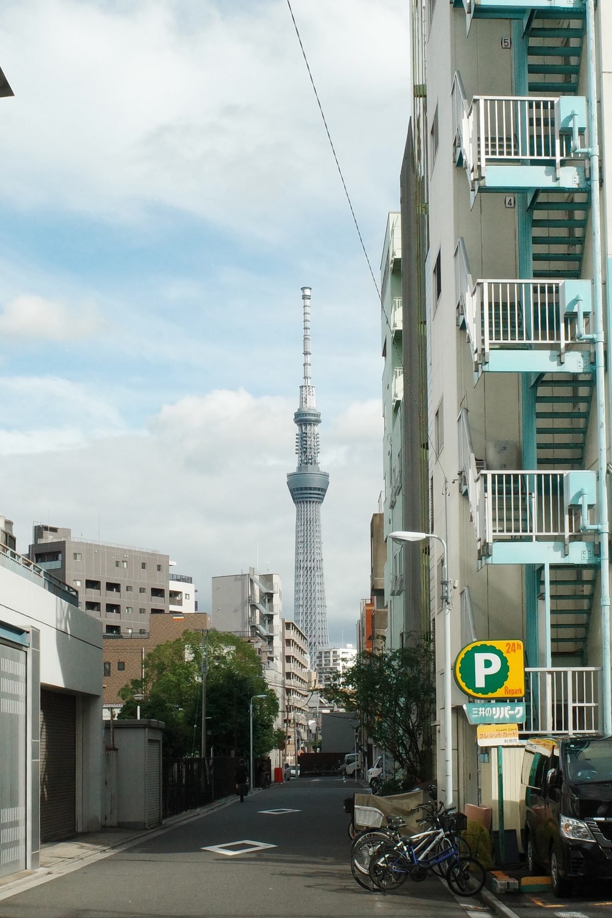 The Skytree at the end of a quiet street