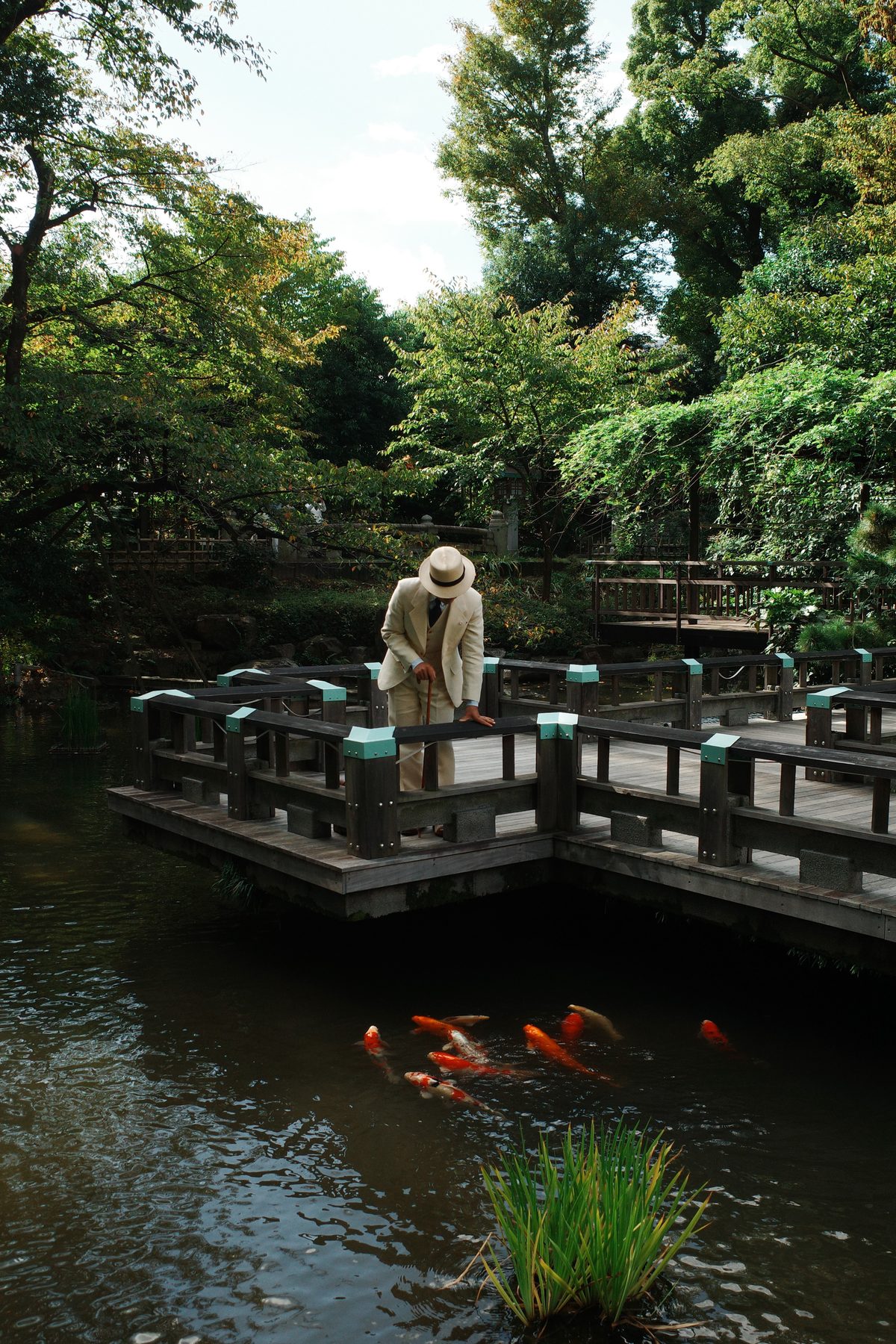 A man in a hat above a koi pond