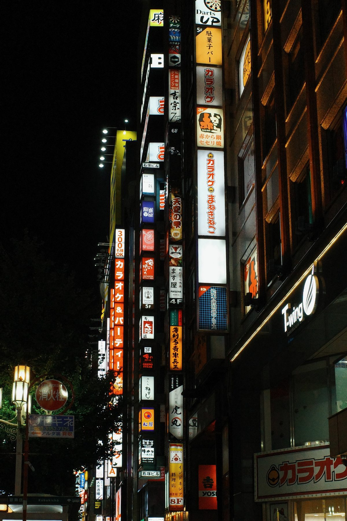 Neon signs stacked up a Tokyo street at night