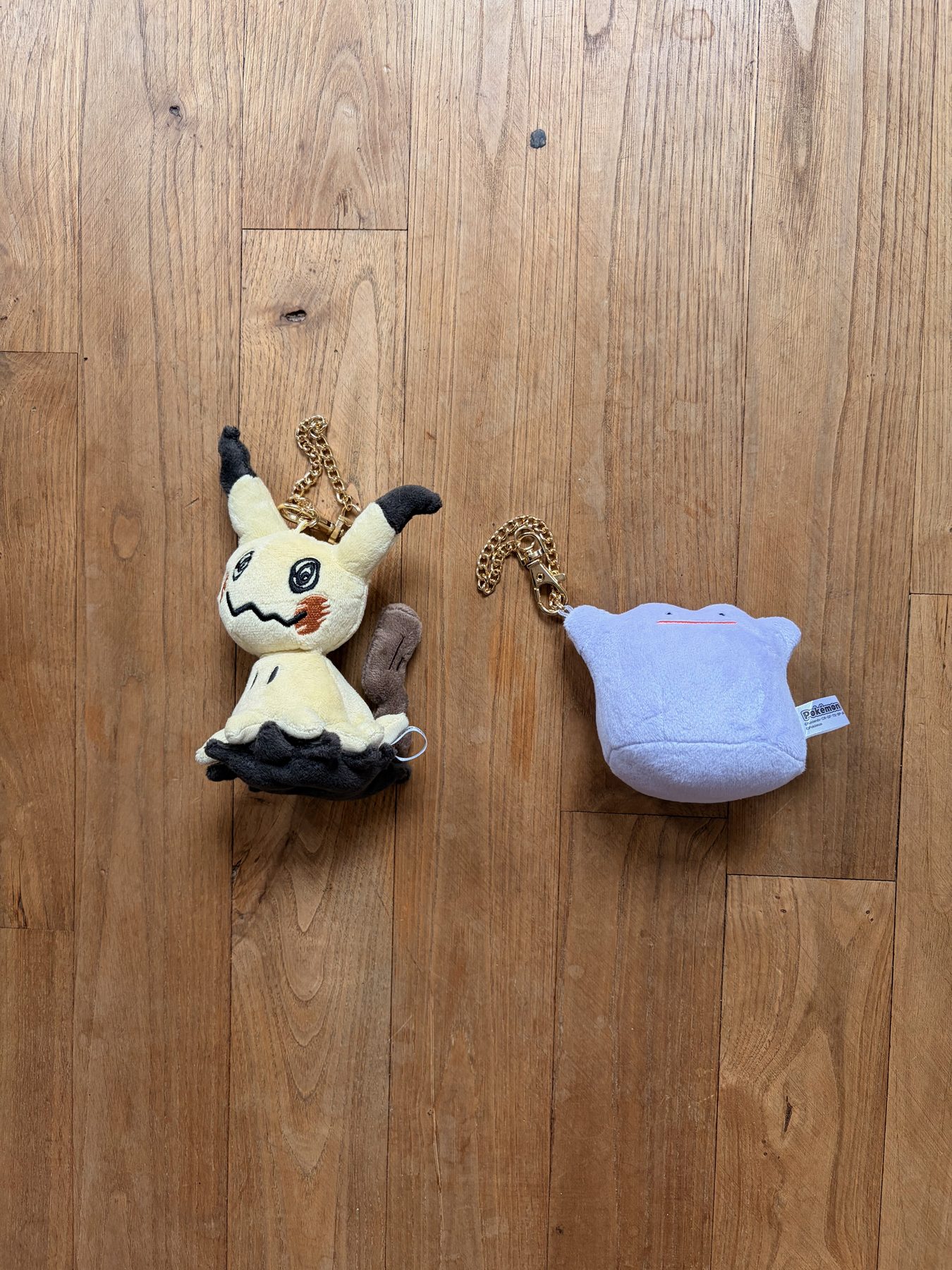 Two small Pokémon plushes on a wooden floor