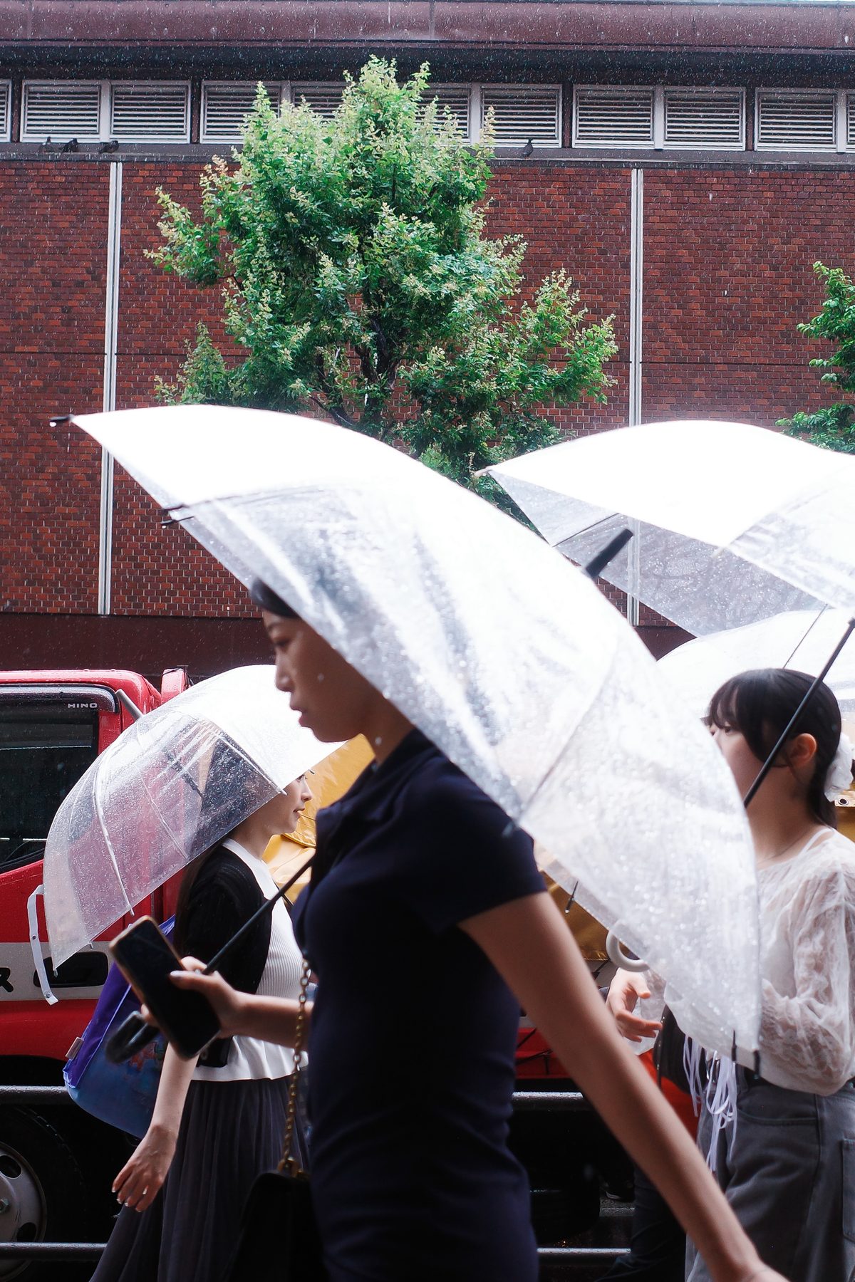 People walking under clear umbrellas
