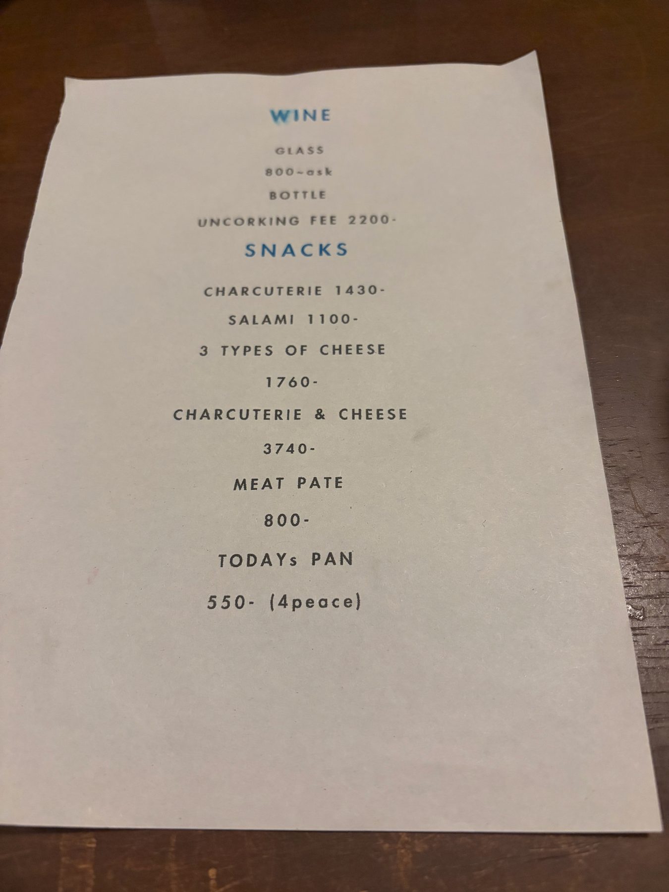 The menu at Câlin