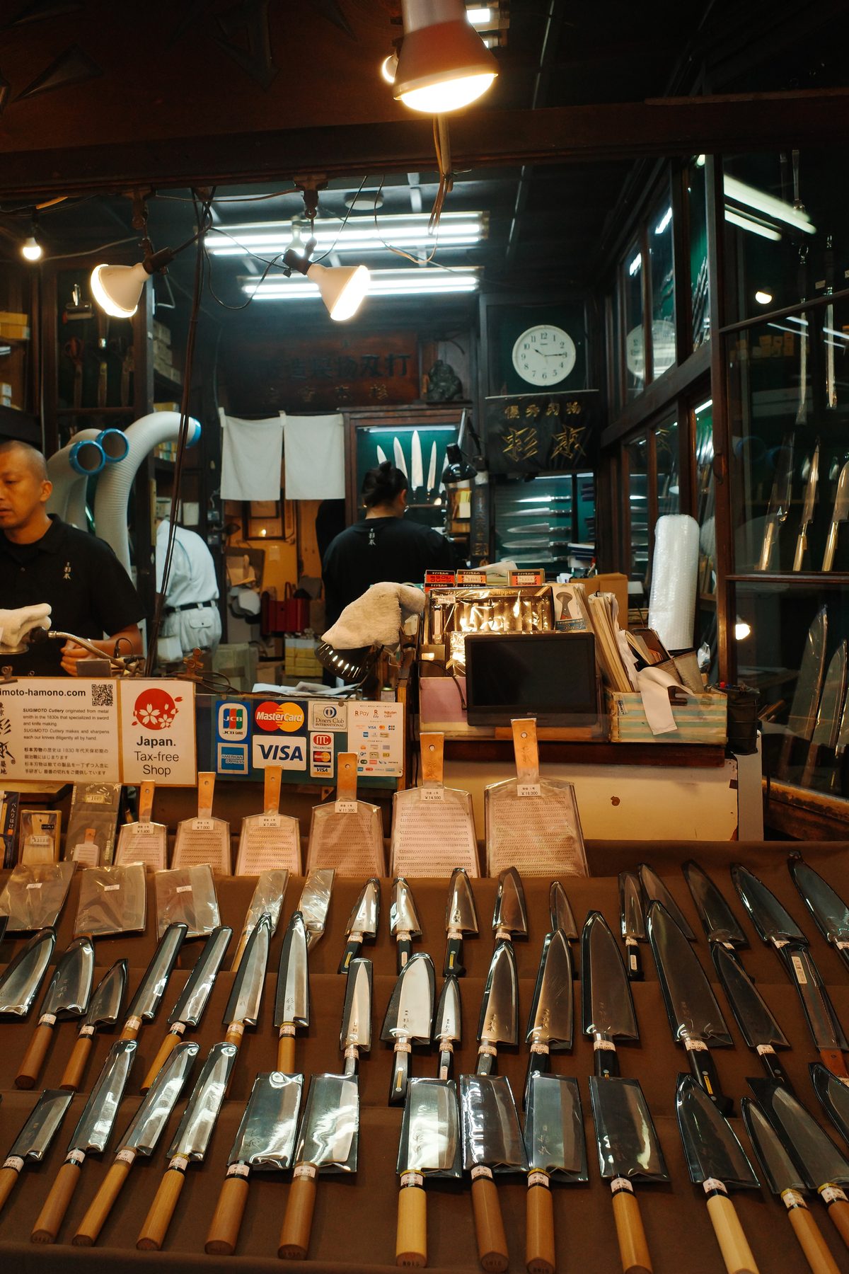 Knives on display at a Tsukiji knife shop