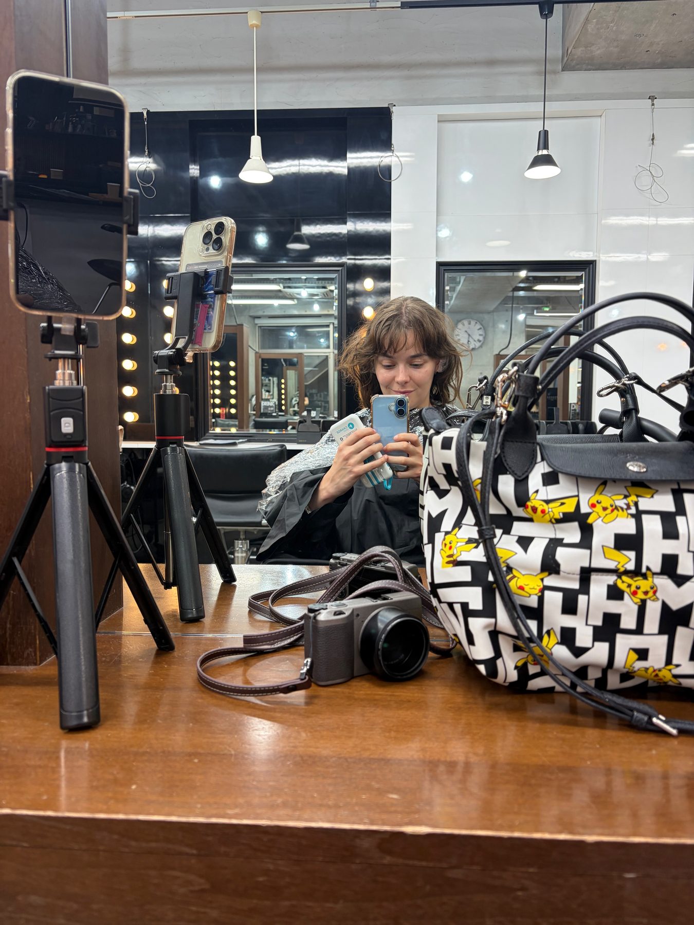 At the salon, in front of the mirror